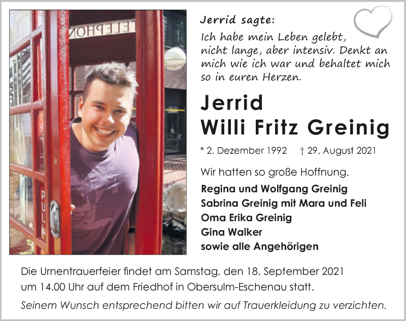  Traueranzeige für Jerrid Willi Fritz Greinig vom 11.09.2021 aus GESAMT