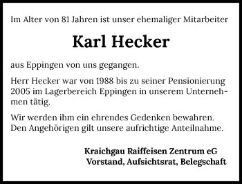 Traueranzeige von Karl Hecker von GESAMT