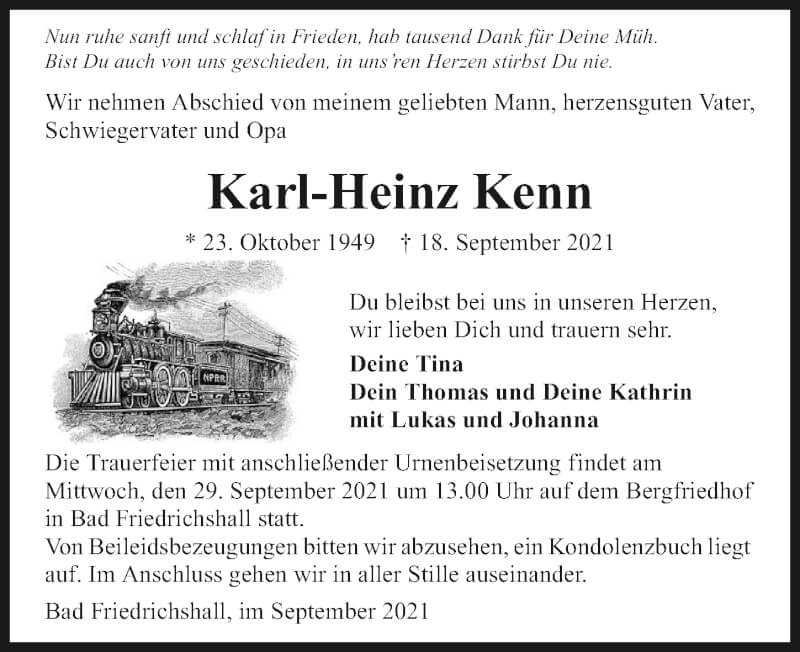  Traueranzeige für Karl-Heinz Kenn vom 25.09.2021 aus GESAMT