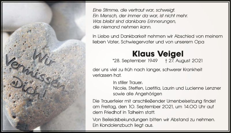  Traueranzeige für Klaus Veigel vom 04.09.2021 aus GESAMT