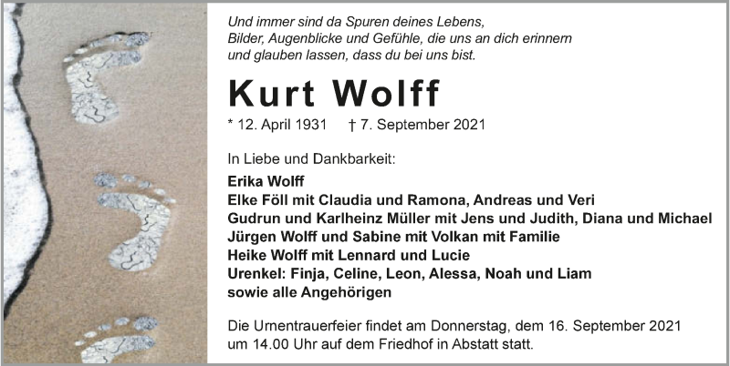  Traueranzeige für Kurt Wolff vom 11.09.2021 aus GESAMT