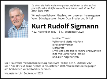 Traueranzeige von Kurt Rudolf Sigmann von GESAMT