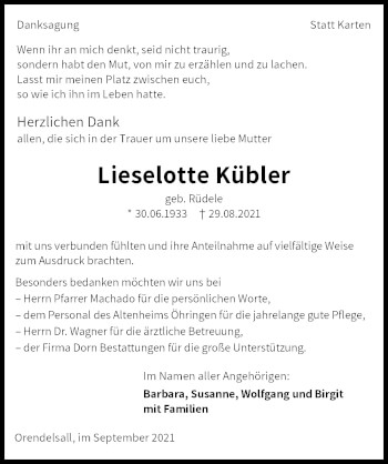 Traueranzeige von Lieselotte Kübler von GESAMT