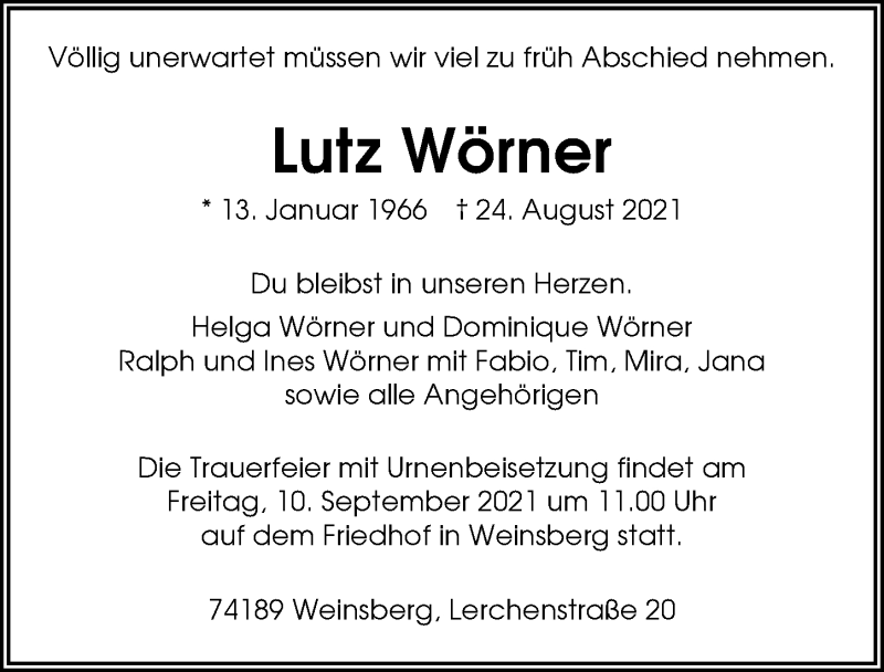  Traueranzeige für Lutz Wörner Wörner vom 04.09.2021 aus GESAMT