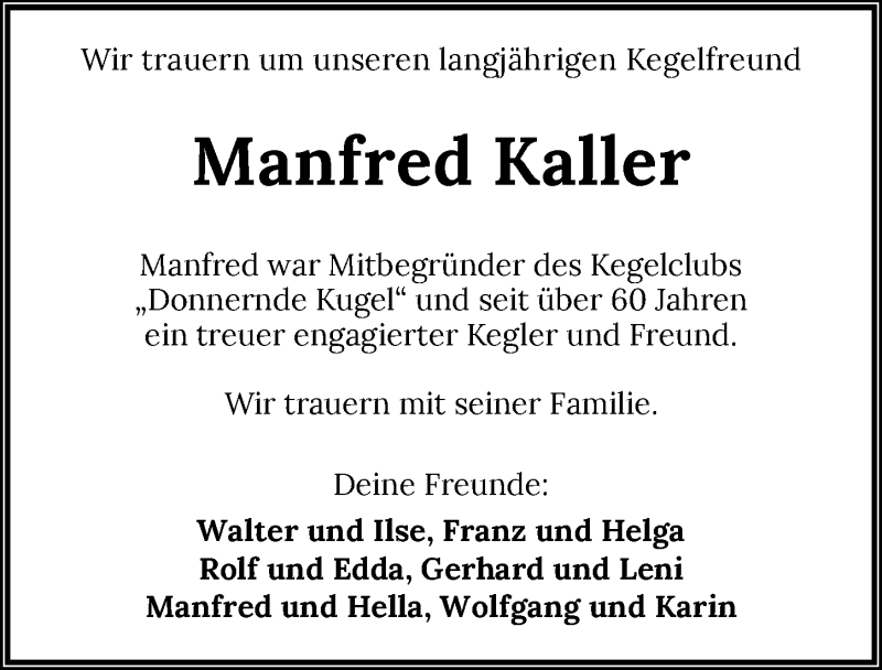  Traueranzeige für Manfred Kaller vom 01.10.2021 aus GESAMT
