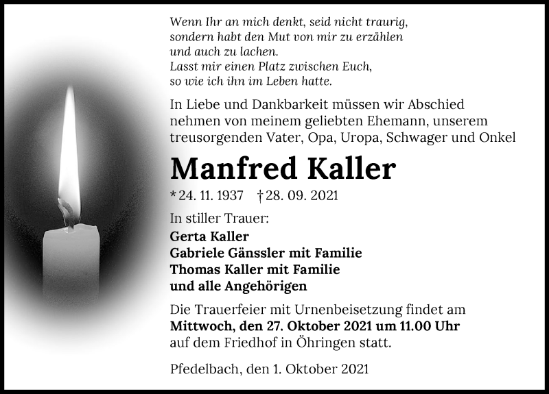  Traueranzeige für Manfred Kaller vom 01.10.2021 aus GESAMT