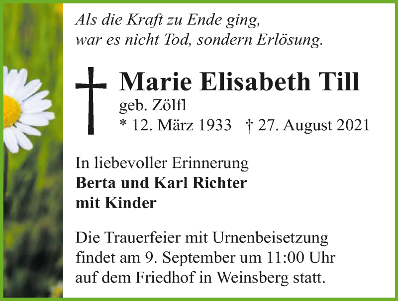  Traueranzeige für Marie Elisabeth Till vom 04.09.2021 aus GESAMT