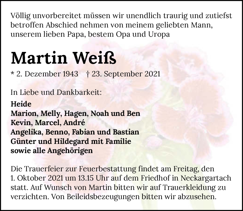  Traueranzeige für Martin Weiß vom 28.09.2021 aus GESAMT