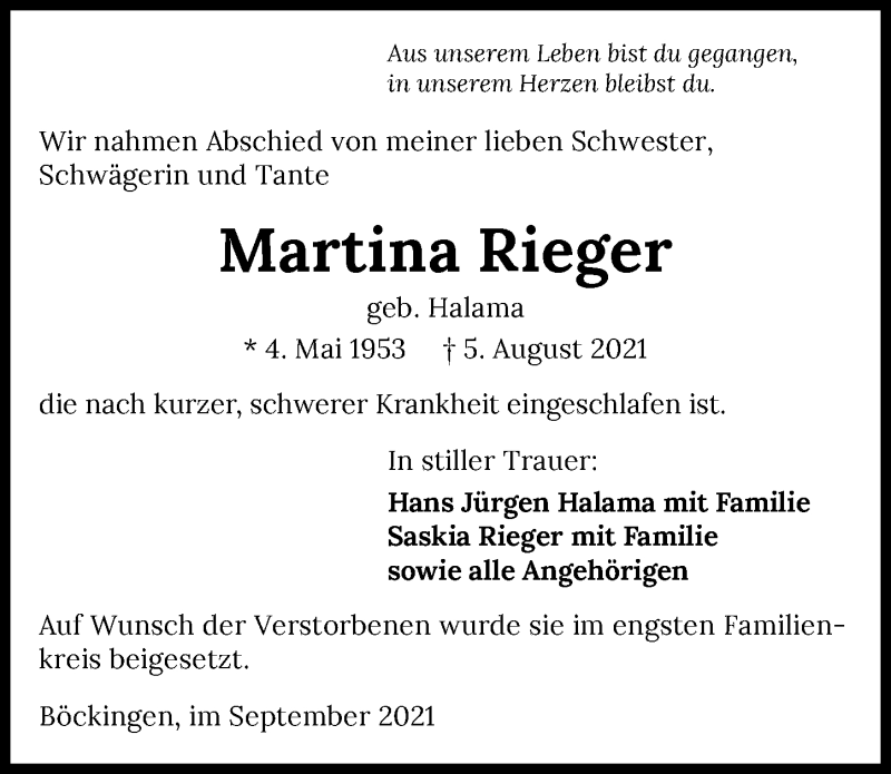  Traueranzeige für Martina Rieger vom 11.09.2021 aus GESAMT