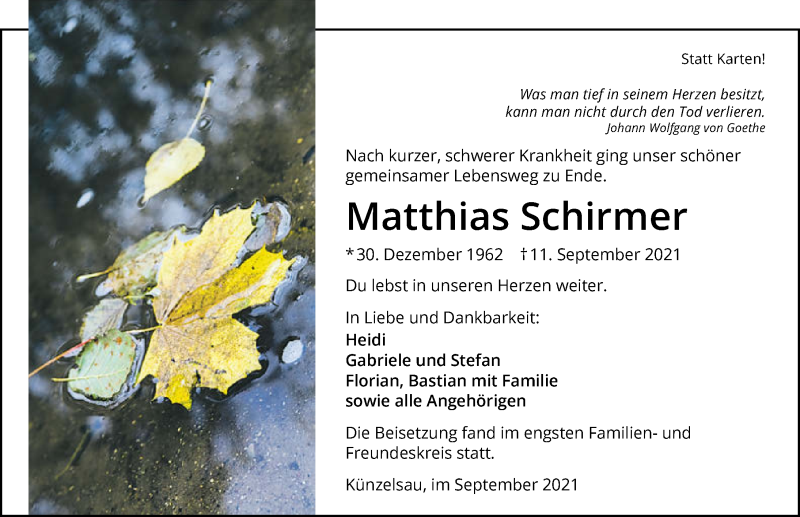  Traueranzeige für Matthias Schirmer vom 23.09.2021 aus GESAMT