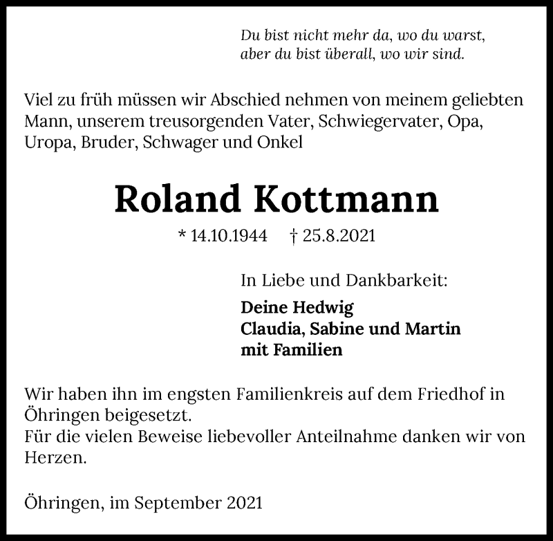  Traueranzeige für Roland Kottmann vom 11.09.2021 aus GESAMT