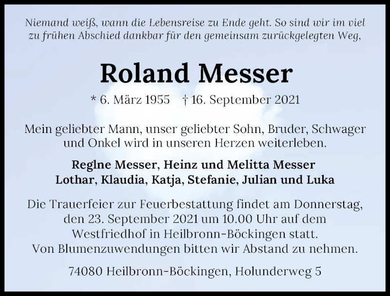  Traueranzeige für Roland Messer vom 20.09.2021 aus GESAMT
