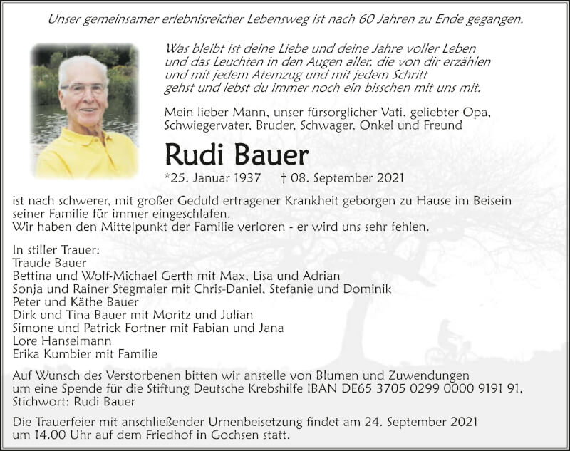  Traueranzeige für Rudi Bauer vom 18.09.2021 aus GESAMT