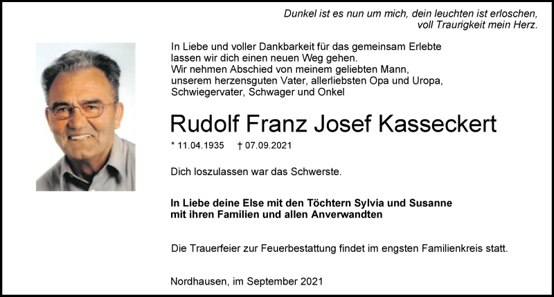  Traueranzeige für Rudolf Kasseckert vom 15.09.2021 aus GESAMT