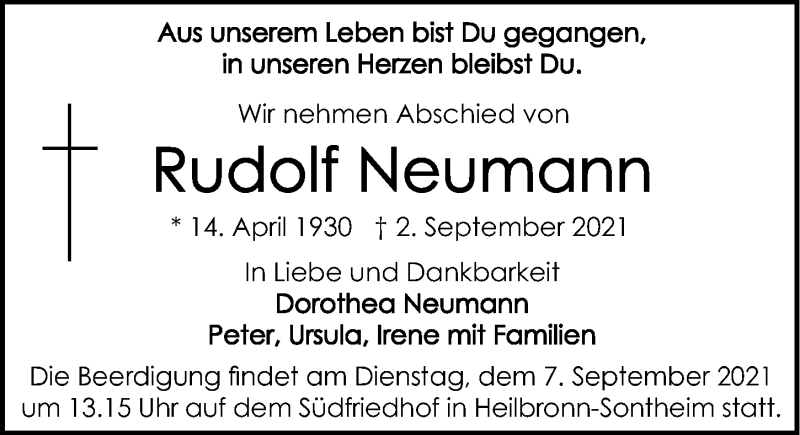  Traueranzeige für Rudolf Neumann vom 04.09.2021 aus GESAMT