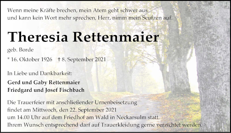  Traueranzeige für Theresia Rettenmaier vom 18.09.2021 aus GESAMT