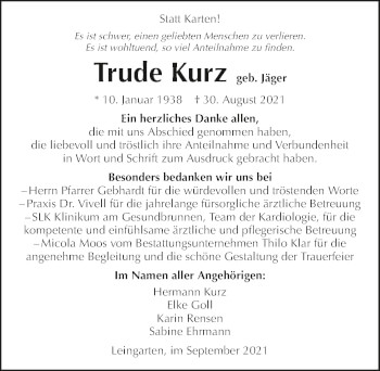 Traueranzeige von Trude Kurz von GESAMT