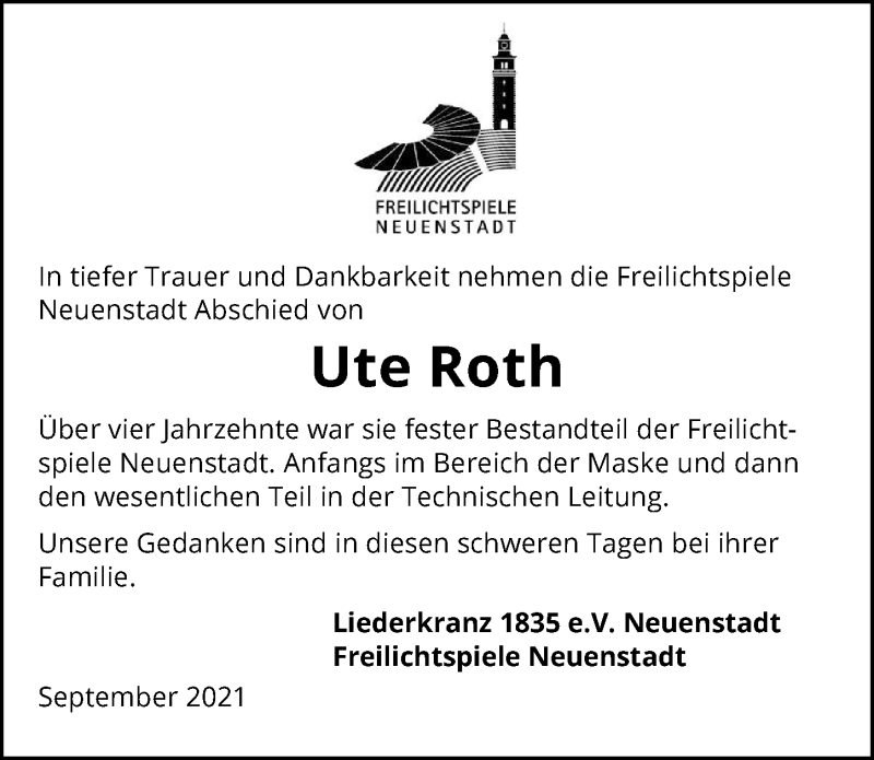  Traueranzeige für Ute Roth vom 07.09.2021 aus GESAMT