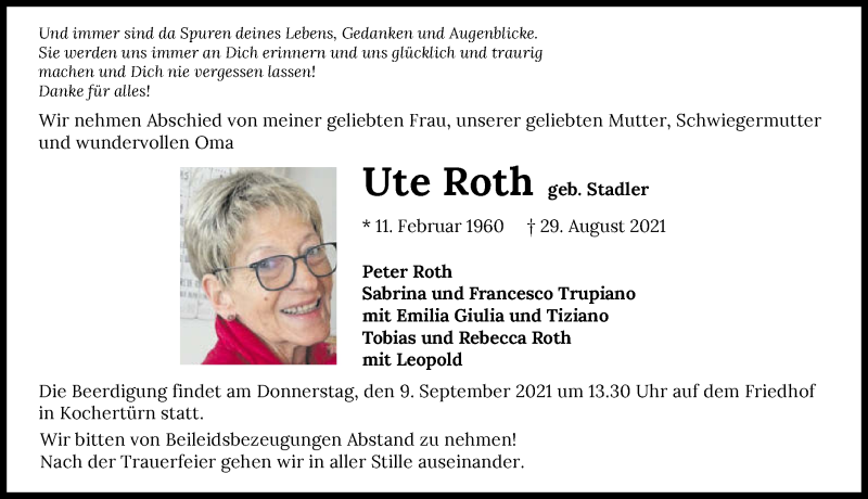  Traueranzeige für Ute Roth vom 07.09.2021 aus GESAMT