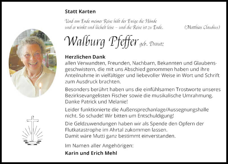  Traueranzeige für Walburg Pfeffer vom 18.09.2021 aus GESAMT