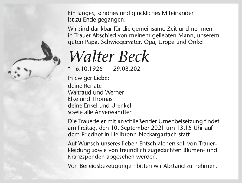  Traueranzeige für Walter Beck vom 07.09.2021 aus GESAMT