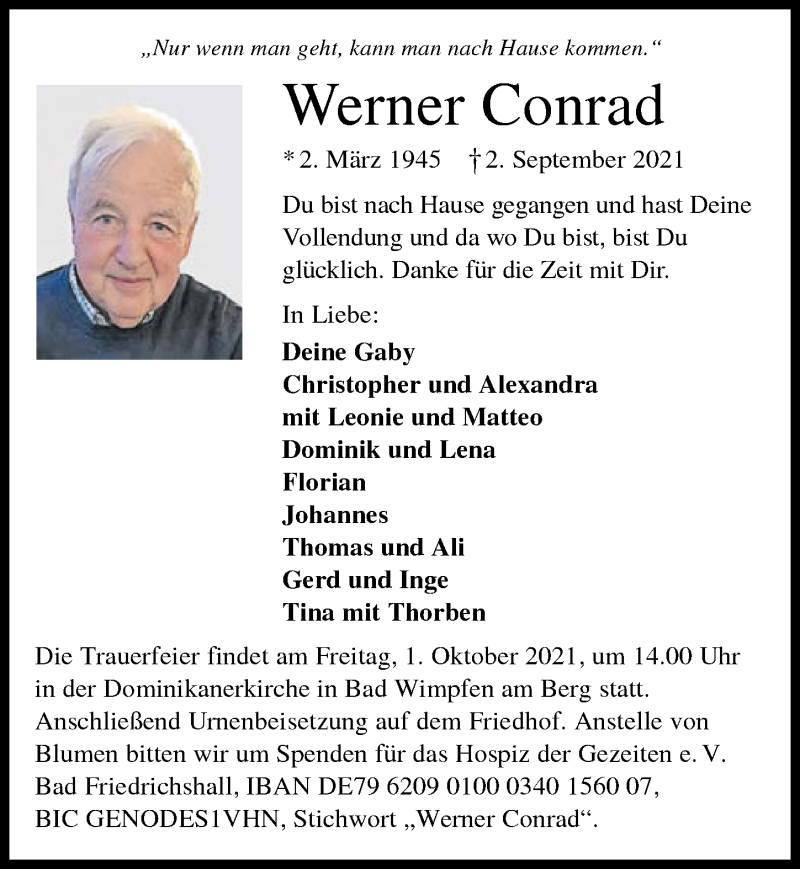  Traueranzeige für Werner Conrad vom 11.09.2021 aus GESAMT