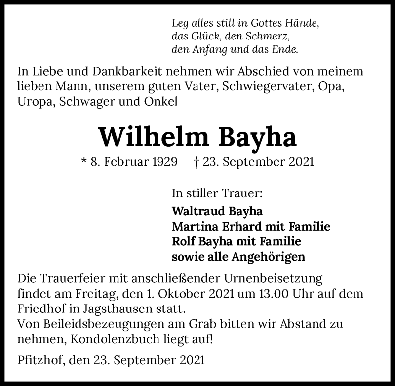  Traueranzeige für Wilhelm Bayha vom 28.09.2021 aus GESAMT