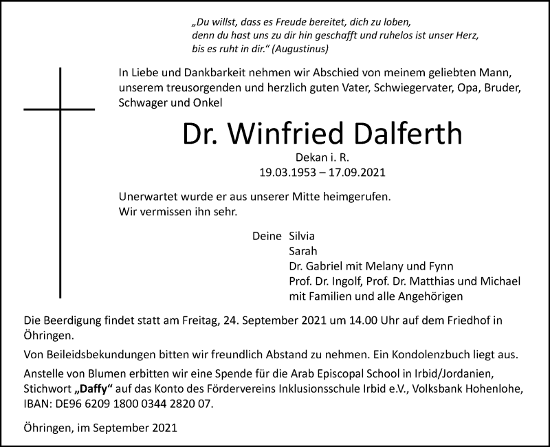  Traueranzeige für Winfried Dalferth vom 22.09.2021 aus GESAMT