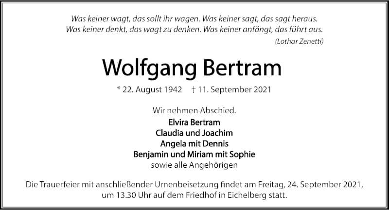  Traueranzeige für Wolfgang Bertram vom 18.09.2021 aus GESAMT
