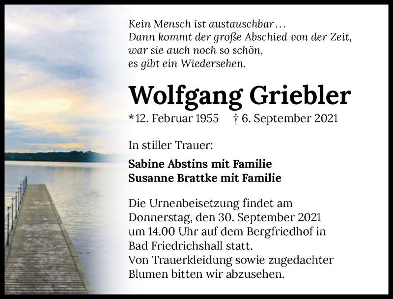  Traueranzeige für Wolfgang Griebler vom 28.09.2021 aus GESAMT