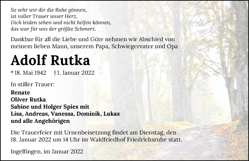  Traueranzeige für Adolf Rutka vom 13.01.2022 aus GESAMT