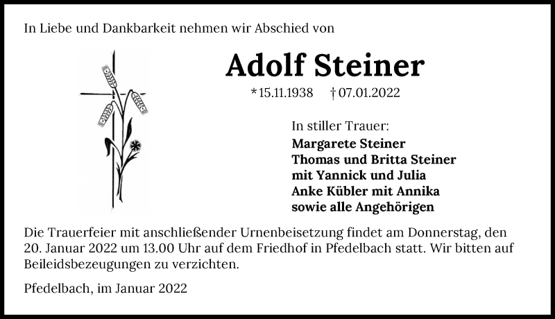  Traueranzeige für Adolf Steiner vom 15.01.2022 aus GESAMT