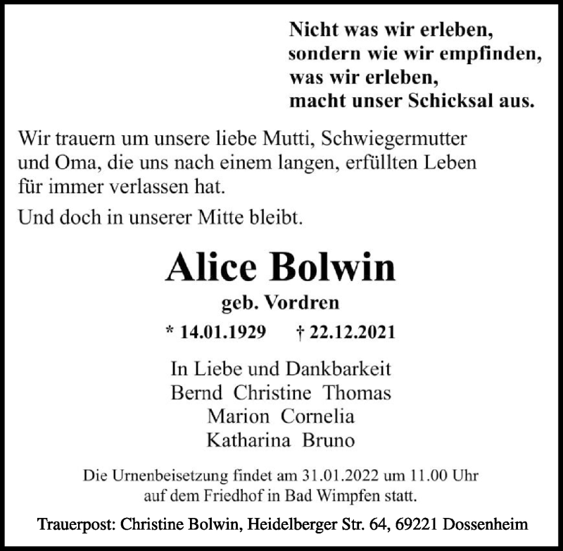  Traueranzeige für Alice Bolwin vom 14.01.2022 aus GESAMT