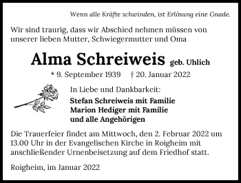 Traueranzeige von Alma Schreiweis von GESAMT