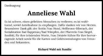 Traueranzeige von Anneliese Wahl von GESAMT