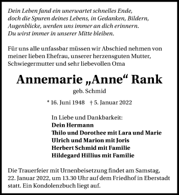 Traueranzeige von Annemarie Rank von GESAMT