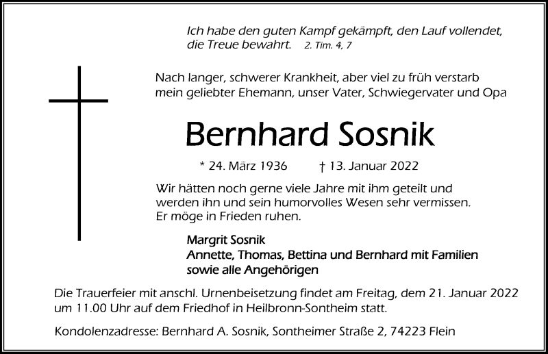  Traueranzeige für Bernhard Sosnik vom 15.01.2022 aus GESAMT