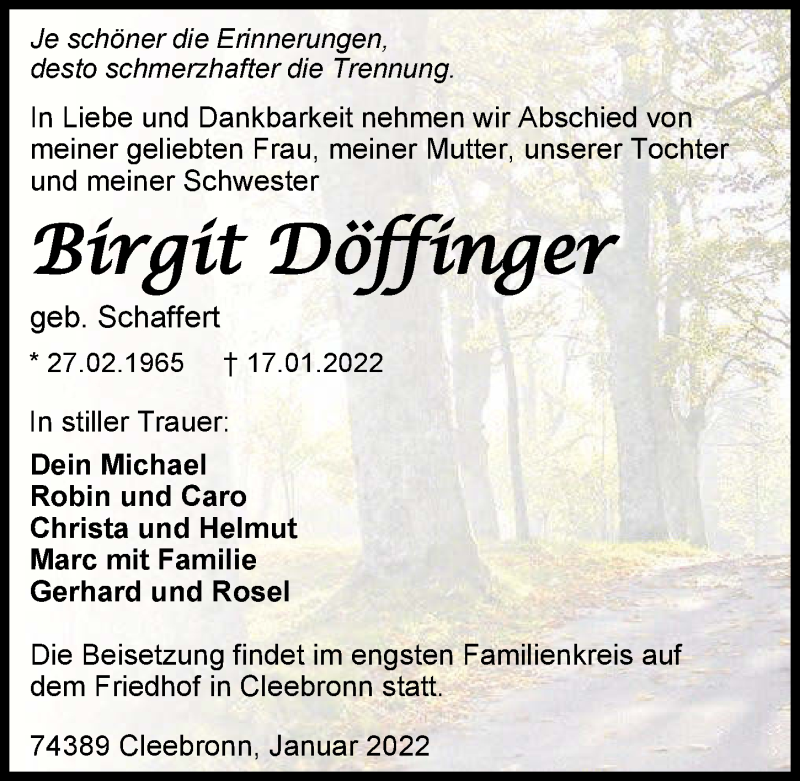  Traueranzeige für Birgit Döffinger vom 22.01.2022 aus GESAMT