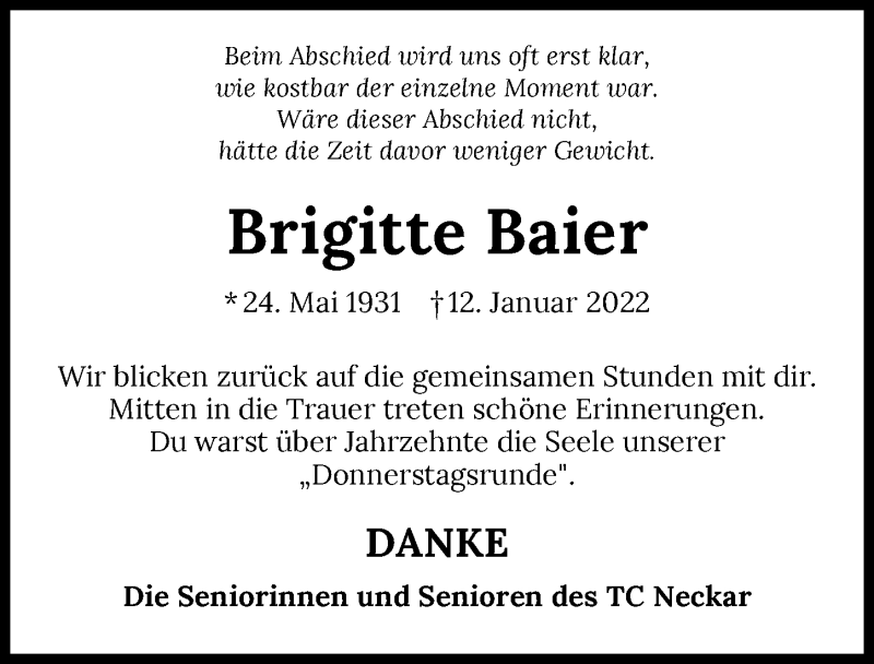  Traueranzeige für Brigitte Baier vom 15.01.2022 aus GESAMT