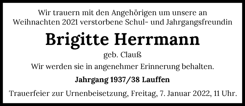  Traueranzeige für Brigitte Herrmann vom 04.01.2022 aus GESAMT