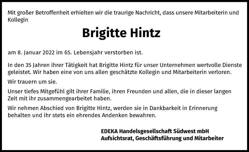  Traueranzeige für Brigitte Hintz vom 12.01.2022 aus GESAMT
