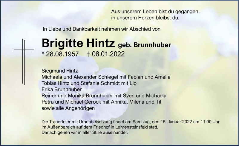  Traueranzeige für Brigitte Hintz vom 12.01.2022 aus GESAMT
