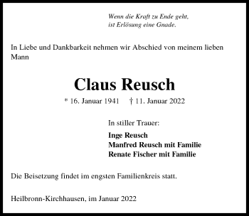 Traueranzeige von Claus Reusch von GESAMT