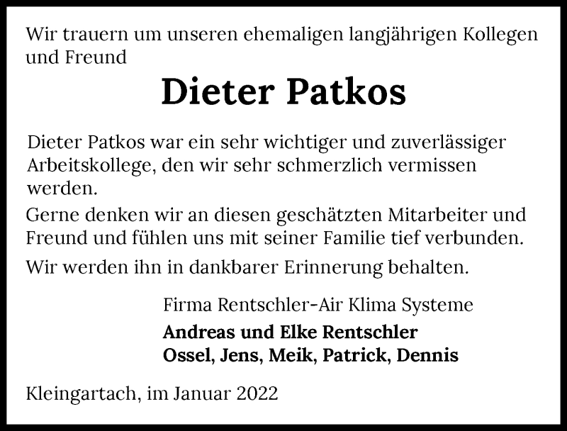  Traueranzeige für Dieter Patkos vom 27.01.2022 aus GESAMT