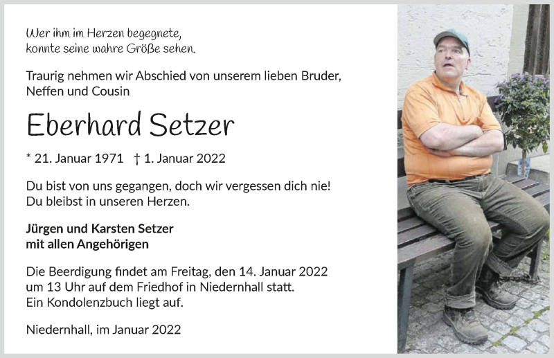 Traueranzeige für Eberhard Setzer vom 10.01.2022 aus GESAMT