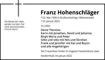 Traueranzeige von Franz Hohenschläger von GESAMT