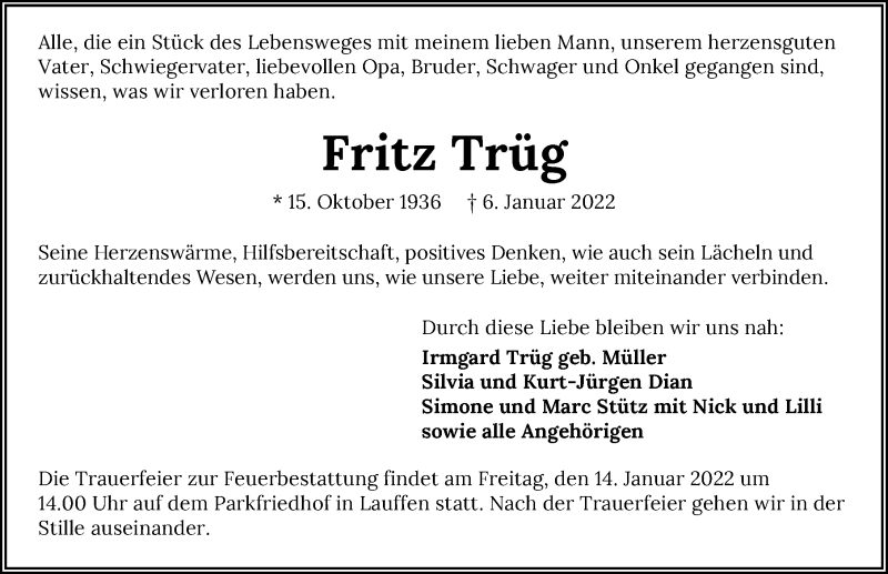  Traueranzeige für Fritz Trüg vom 08.01.2022 aus GESAMT
