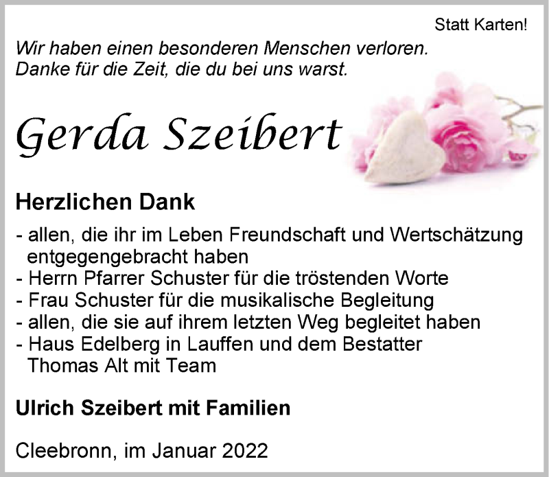  Traueranzeige für Gerda Szeibert vom 18.01.2022 aus GESAMT