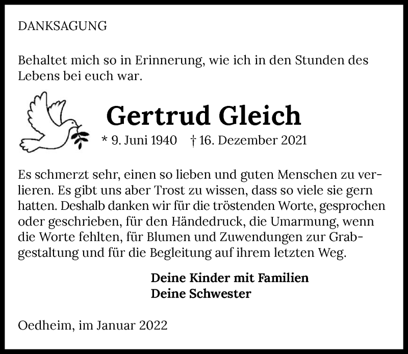  Traueranzeige für Gertrud Gleich vom 15.01.2022 aus GESAMT