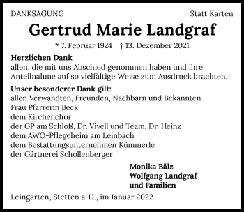 Traueranzeige von Gertrud Marie Landgraf von GESAMT